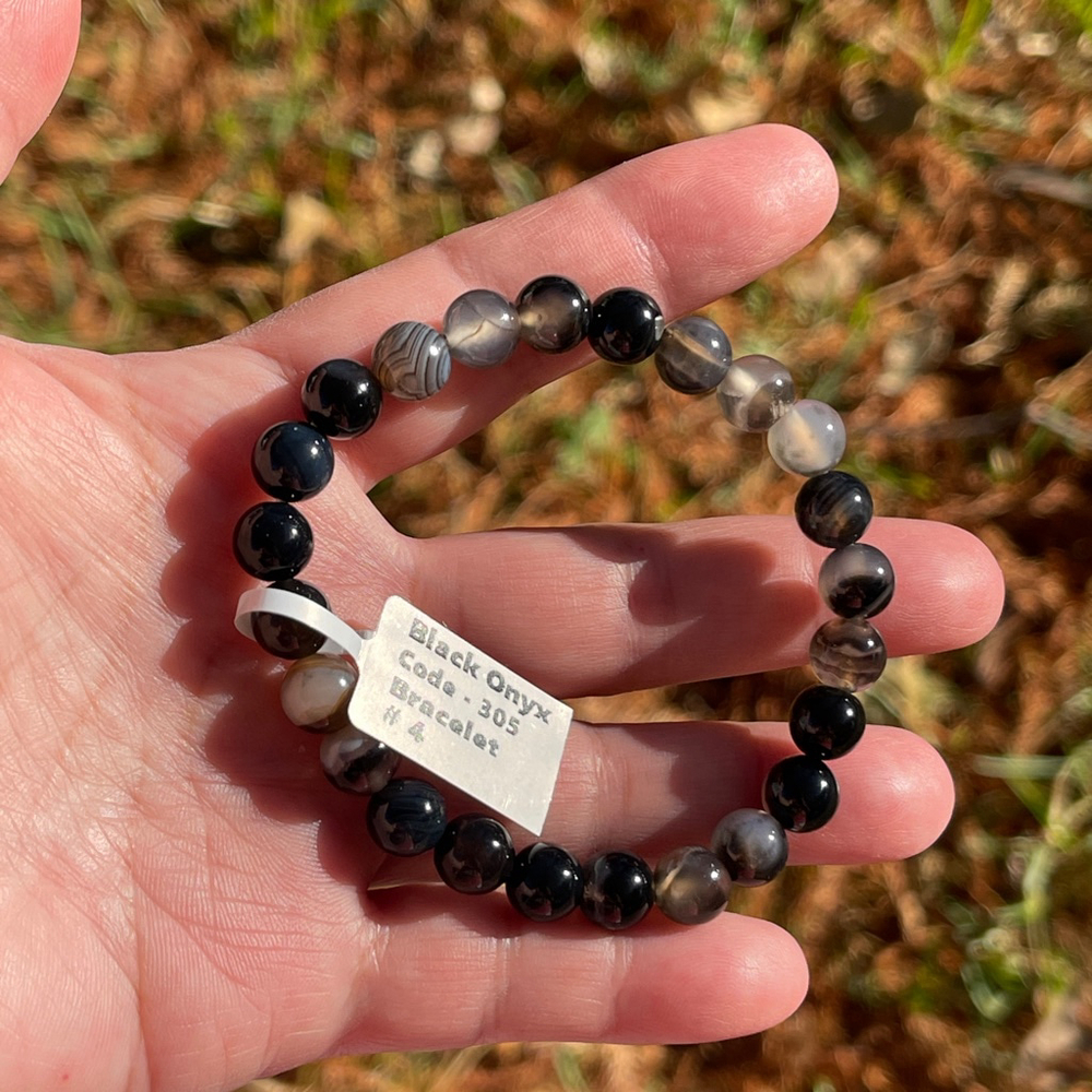 NWT Natural Black Gray Onyx Beaded Elastic Bracelet